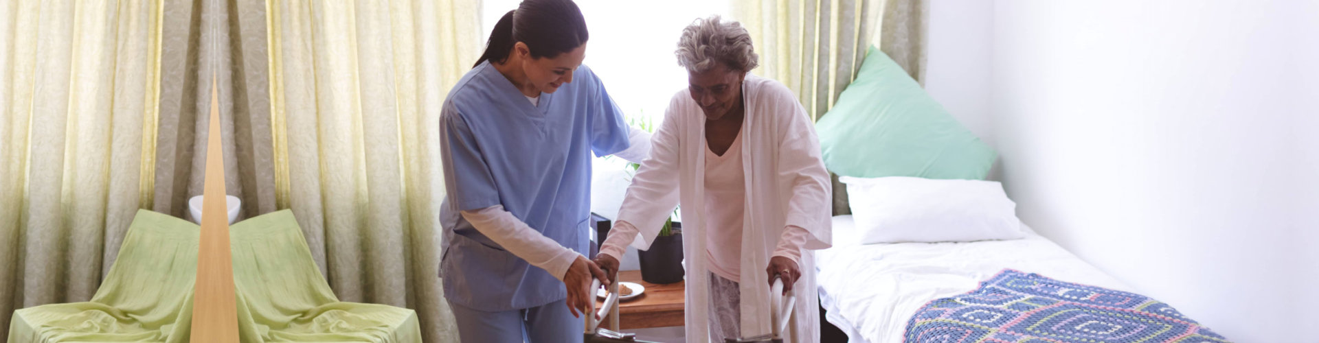 adult woman assisting senior woman in walking